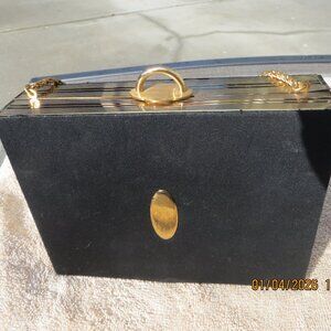 Vintage Evans Box Purse, black fabric & gold metal hardware